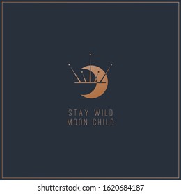 Stay wild moon child. Trendy vector illustration. Inspirational quote. T-shirt print idea. Gift card. Boho style moon, crescent. Simple icon, logo. Golden gradient color. Dark background