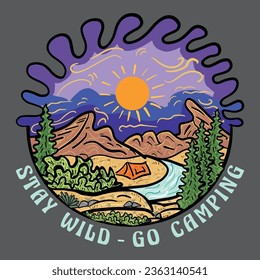 Stay wild. Outdoor at the mountain vintage print design for t shirt and others. Wild lake retro graphic artwork. go camping. Mountain hiking t-shirt vector design. Stay wild artwork for apparel.