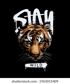 stay wild slogan with graphic tiger head in the shadow vector illustration