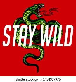 "Stay wild" - snake poster design. Vector hand drawn illustration of snake in engraving technique on red background. Modern fashionable tee shirt print or label design.