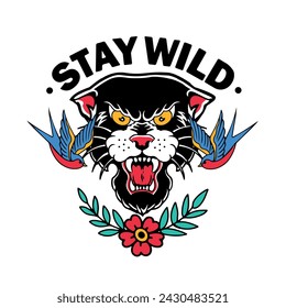 Stay wild vector. Panther and swallow tattoo. Old school flash vector