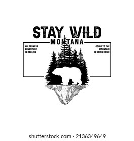 Stay wild vector slogan graphic, included patches and mountain illustrations.