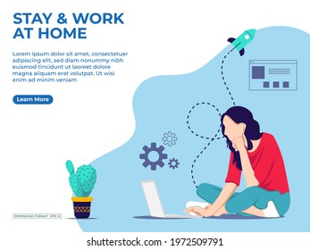 I stay and work at home awareness social media campaign and coronavirus prevention: woman work  with laptop and staying together. vector illustration