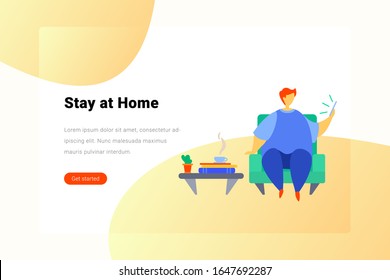 Stay Work at Home Coffee Pause Flat vector illustration concept. Man sits on home armchair holds smartphone and looks at screen.