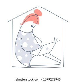 Stay   work at home concept  Cartoon woman sitting in linear house and computer  Remote work  home office  introvert quarantine icon concept  Flat line vector illustration white 