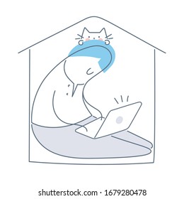 Stay   work at home concept  Cartoon man sitting in linear house and computer   cat  Remote work  home office  introvert quarantine icon concept  Flat line cute vector illustration white 