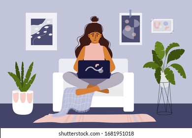 Stay and work from home concept. Coronavirus pandemic, quarantine or isolation. Cute girl sitting on sofa and working on laptop. Vector illustration of young freelancer woman in comfortable workplace.