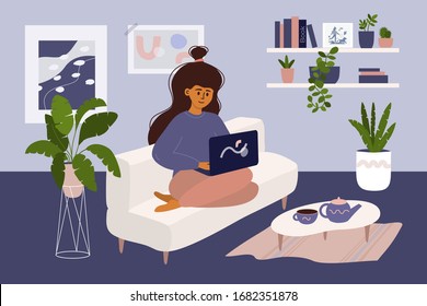 Stay and work from home concept. Cute girl sitting on sofa and working online on laptop. Coronavirus, quarantine or isolation. Flat vector illustration of young woman in cozy interior with houseplants