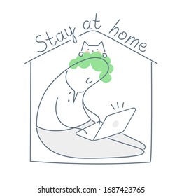 Stay and work at home concept. Cute cartoon man sitting in linear house with computer and cat. Remote work, home office, isolation or quarantine icon concept. Flat line vector illustration on white.