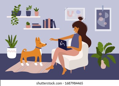 Stay and work from home. Cute girl working online on laptop and playing with dog Basenji. Coronavirus quarantine isolation. Vector illustration of young woman and pet in cozy interior with houseplants