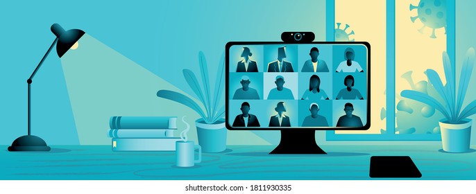 Stay and work from home during pandemic, video conference vector illustration. Computer screen, group of people talking via internet