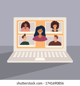Quédate y trabaja en casa. Ilustración de una videoconferencia. Un lugar de trabajo, una pantalla de ordenador portátil, un grupo de personas hablando en Internet. clase en línea. Difusión, chat web, reuniones en línea con amigos.