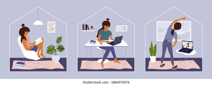 Stay and work from home illustrations. Cute girl sitting on chair reading book, watching online classes doing exercise. Young woman working or studying on laptop in home office. Quarantine vector set