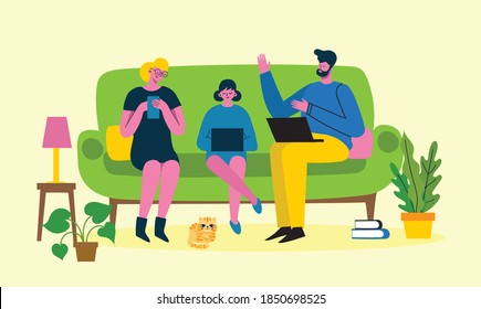 Stay and work at home. Parents and child at home and using digital devices. infographic design elements vector illustration