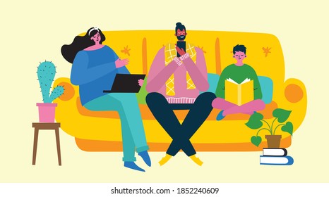 Stay and work at home. Parents and child at home and using digital device, reading book and playing guitar. Hobby infographic design elements vector illustration in flat design