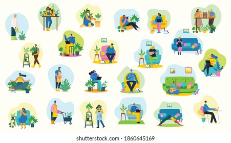 Quédate y trabaja en casa. Padres y niños en casa y usando dispositivo digital, leyendo libro y tocando guitarra. Ilustración vectorial de elementos de diseño infográfico de hobby en diseño plano