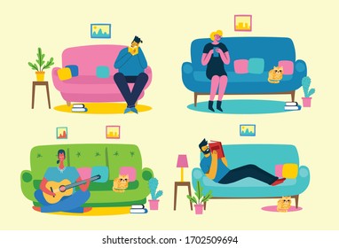 Stay and work at home. People staying at home for prevent virus Covid19 in the flat style