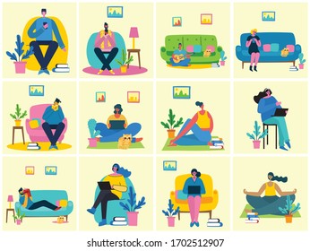 Stay and work at home. People staying at home for prevent virus Covid19 in the flat style