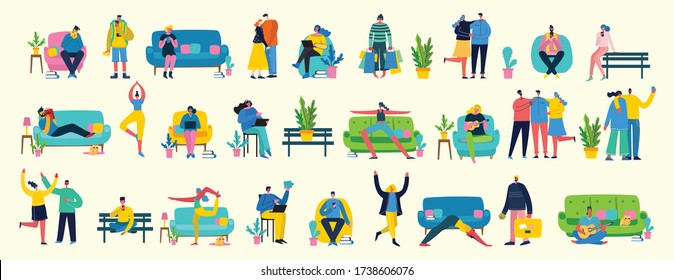 Stay and work at home. People staying at home doing different activity: seat at sofa, jump, work, celebrate, play, do sport, read at home. Vector colorful modern illustration collage in flat style.