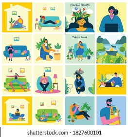 Stay and work at home. People staying at home doing different activity: seat at sofa, jump, work, celebrate, play, do sport, read at home. Vector colorful modern illustration collage in flat style.