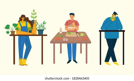 Stay and work at home. People staying at home doing different activity: cooking, gardening reading at home. Vector colorful modern illustration collage