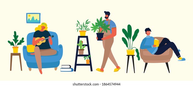 Stay and work at home. Poeple at home and using digital device, reading book and playing guitar. Hobby infographic design elements vector illustration in flat design