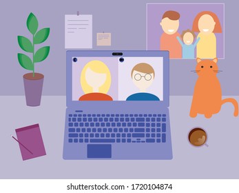 Quédate y trabaja desde casa.Trabajo remoto. Concepto de trabajar en línea. Videoconferencia. Lugar de trabajo, pantalla portátil, grupo de personas hablando por Internet. Coronavirus, aislamiento de cuarentena. Ilustración del vector
