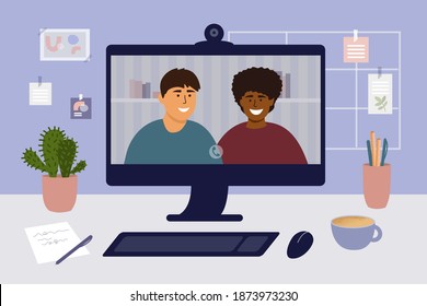 Stay and work from home. Video call colleagues or friends. Online conference, virtual meeting. Workplace, home office. People talking remotely. Man and woman on computer screen. Vector illustration