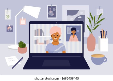 Stay, Work From Home. Video Communication Illustration. Two Girls Talking By Internet. Comfy Workplace, Laptop Screen. Blogging, Web Chatting, Online Meeting Friends. Coronavirus Quarantine Isolation.