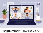 Stay and work from home. Video conference illustration. Workplace, laptop screen, group of people talking by internet. Stream, web chatting, online meeting friends. Coronavirus, quarantine isolation. 