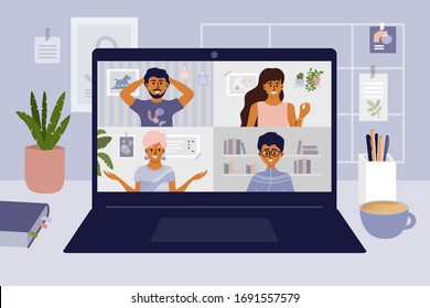 Stay and work from home. Video conference illustration. Workplace, laptop screen, group of people talking by internet. Stream, web chatting, online meeting friends. Coronavirus, quarantine isolation. 