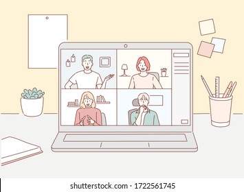 Stay and work from home. Video conference illustration. Workplace, laptop screen, group of people talking by internet. Hand drawn style vector design illustrations.