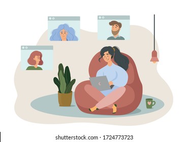 Stay and work at home. Video conference illustration. Girl with a computer in an armchair. Group of people talking by internet. Stream, web chatting, online meeting friends. Coronavirus, quarantine 