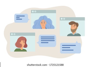 Stay and work from home. Video conference illustration. Workplace, laptop screen, group of people talking by internet. Stream, web chatting, online meeting friends. Coronavirus, quarantine isolation.