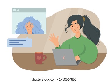 Stay and work from home. Video conference illustration. Workplace, laptop screen, group of people talking by internet. Stream, web chatting, online meeting friends. Coronavirus, quarantine isolation.