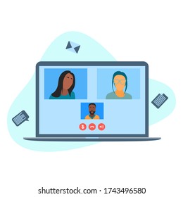 Stay and work from home. Video conference illustration. Workplace laptop screen with group of people talking on internet. Web Stream online chatting, meeting friends. Coronavirus, quarantine isolation concept.
