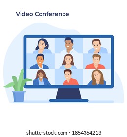 Stay and work from home. Video conference illustration. Workplace, laptop screen, group of people talking by internet. Stream, web chatting, online meeting friends. Coronavirus, quarantine isolation.