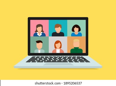 Stay and work from home. Video conference chat illustration. Stream, web chatting, meeting friends online. Workplace, laptop screen, group of people talking by internet. Video communication