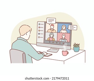 Stay and work from home. Video conference illustration. Workplace, laptop screen, group of people talking by internet. Hand drawn style vector design illustrations.