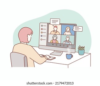 Quédate y trabaja desde casa. Ilustración de videoconferencia. Lugar de trabajo, pantalla portátil, grupo de personas hablando por internet. Ilustraciones de diseño vectorial de estilo dibujado a mano.