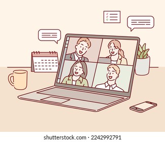 Quédate y trabaja desde casa. Ilustración de videoconferencia. Lugar de trabajo, pantalla portátil, grupo de personas hablando por internet. Ilustraciones de diseño vectorial de estilo dibujado a mano.