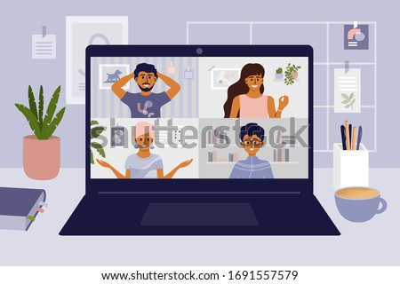 Stay and work from home. Video conference illustration. Workplace, laptop screen, group of people talking by internet. Stream, web chatting, online meeting friends. Coronavirus, quarantine isolation. 