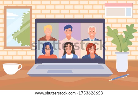 Stay and work from home. Video conference illustration. Workplace, laptop screen, group of people talking by internet. Stream, web chatting, online meeting friends. Coronavirus, quarantine isolation.
