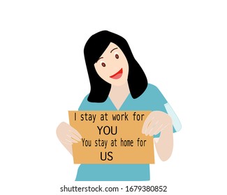 I stay at work for you. You stay at home for us. Doctor showing message for people to prevent virus and social distance. Protect yourself. Health care concept.