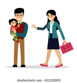 Stay-at-home Dad Holding A Baby Daugther Meets The Mother After Work. Vector Illustration, Cartoon Style. Isolated On White. Happy Parenting. Father With A Child And Business Woman. Modern Family.