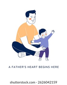 Stay-at-home dad spending quality time with his baby. A caring father engages in play with his toddler. Concept of involved parenting and fatherhood celebration. Flat vector illustration