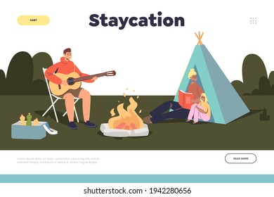 Staycation And Home Camping Concept Of Landing Page With Family In Camp On Backyard Together: Parents And Kid Sitting Around Camp Fire And Tent Outdoors. Flat Vector Illustration