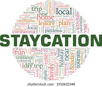 Staycation vector illustration word cloud isolated on a white background.