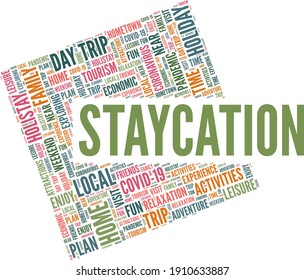 Staycation vector illustration word cloud isolated on a white background.