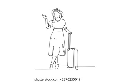 A staycation woman carrying a suitcase. Staycation one-line drawing